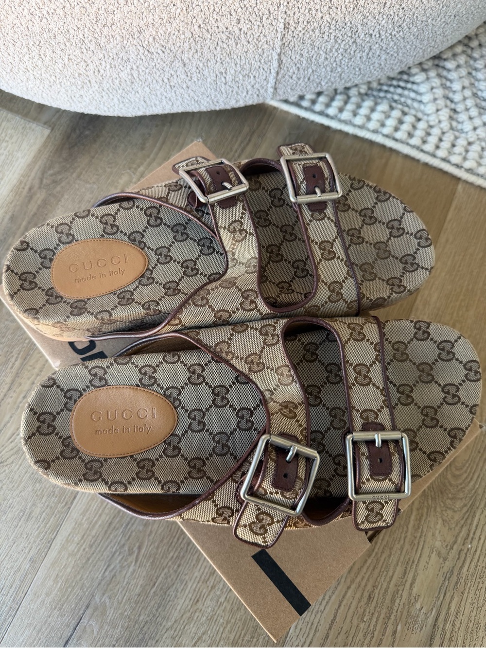 Men's Gucci tan monogram buckle sandals